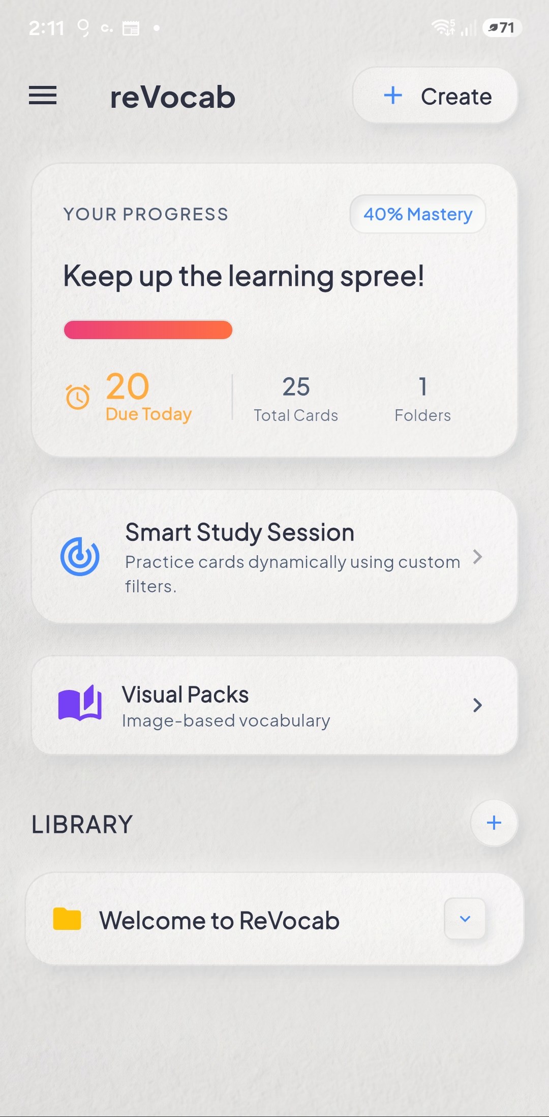 reVocab home screen showing study progress, cards due today, and your library
