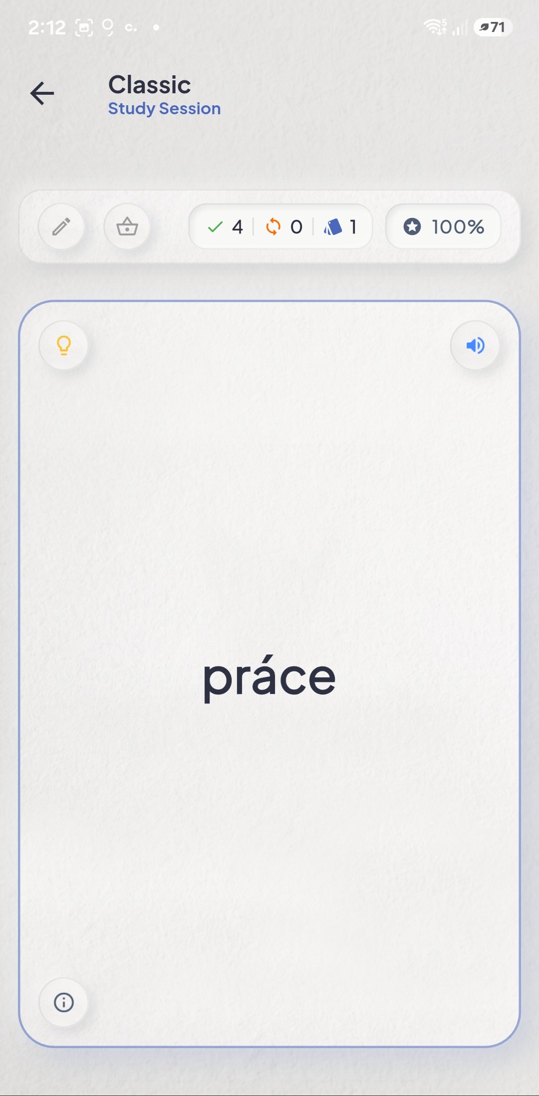 reVocab flashcard study session showing the Czech word 'práce'